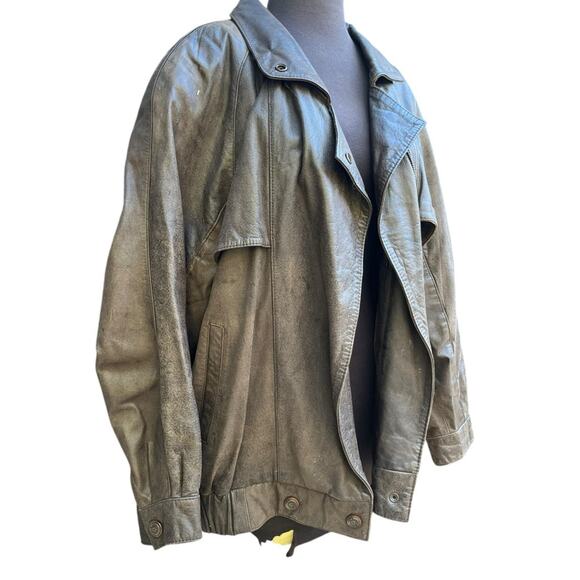 Vtg 90s Express Brown Distressed Oversized Grunge Moto Bomber Leather Coat L - Picture 2 of 10